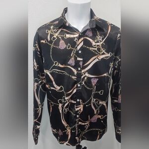 Zeroyaa Men's Luxury Printed Silk Like Satin Button Down Dress Shirt Large NWT